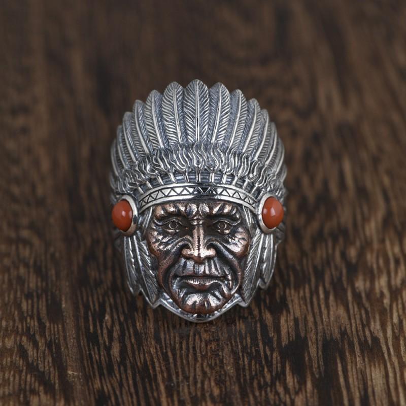 Adjustable Open Ring Men Women Vintage Indian Chief Face Design Punk Boho Statement Jewelry