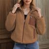 Women Fleece Zip‑Up Jacket Stand Collar Contrast Patch Pocket Long Sleeve Loose Warm Sherpa Coat Casual Outerwear