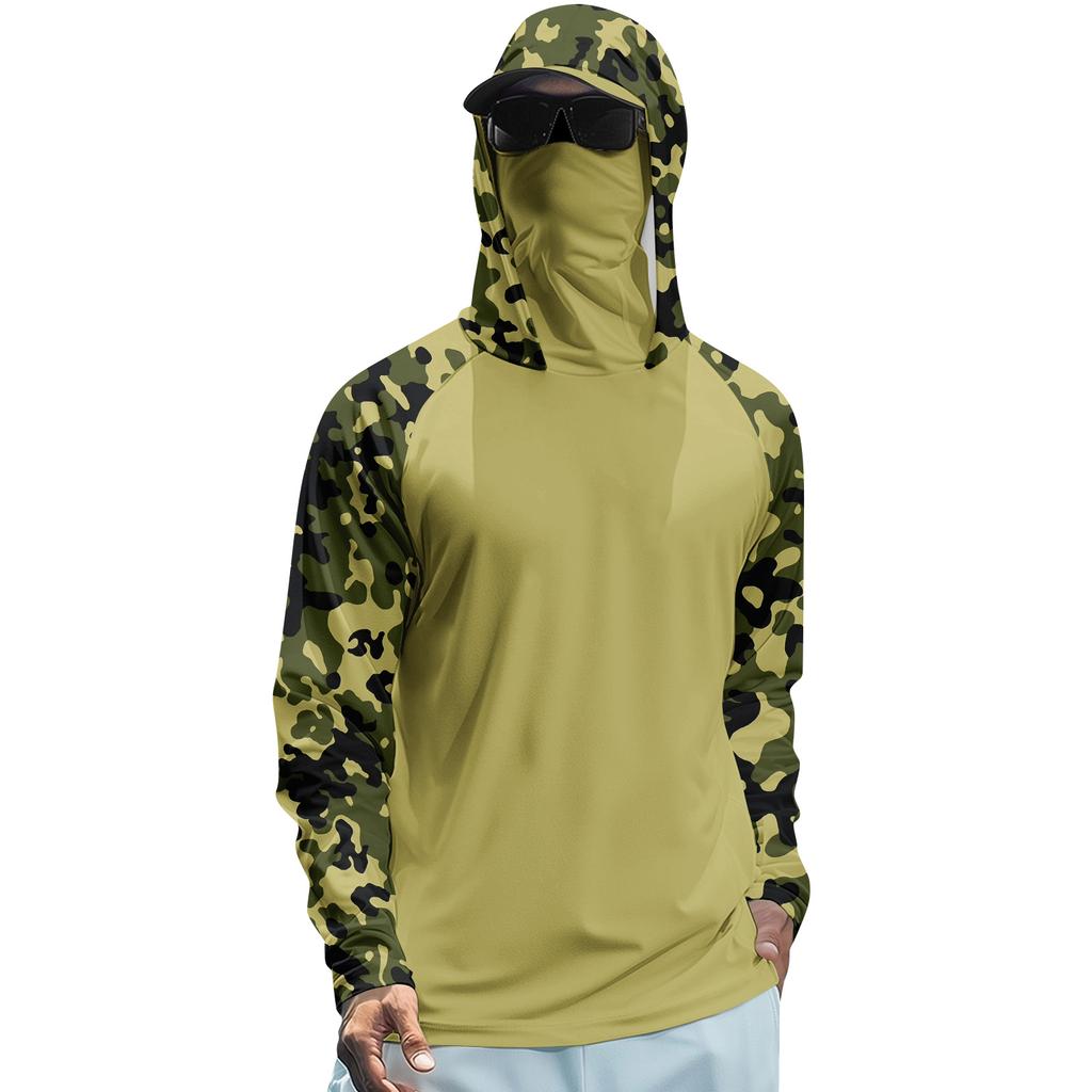 Long Sleeve Hooded Shirt for Men Lightweight Pullover with Camouflage Print Raglan Sleeves Outdoor Apparel