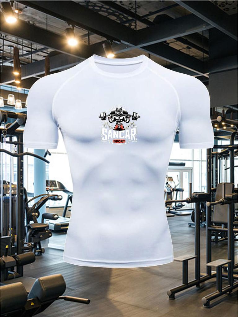 Mens White Compression Short Sleeve T-Shirt Dumbbell S.W.O.A.R Graphic Slim Fit Gym Workout And Running Athletic Top