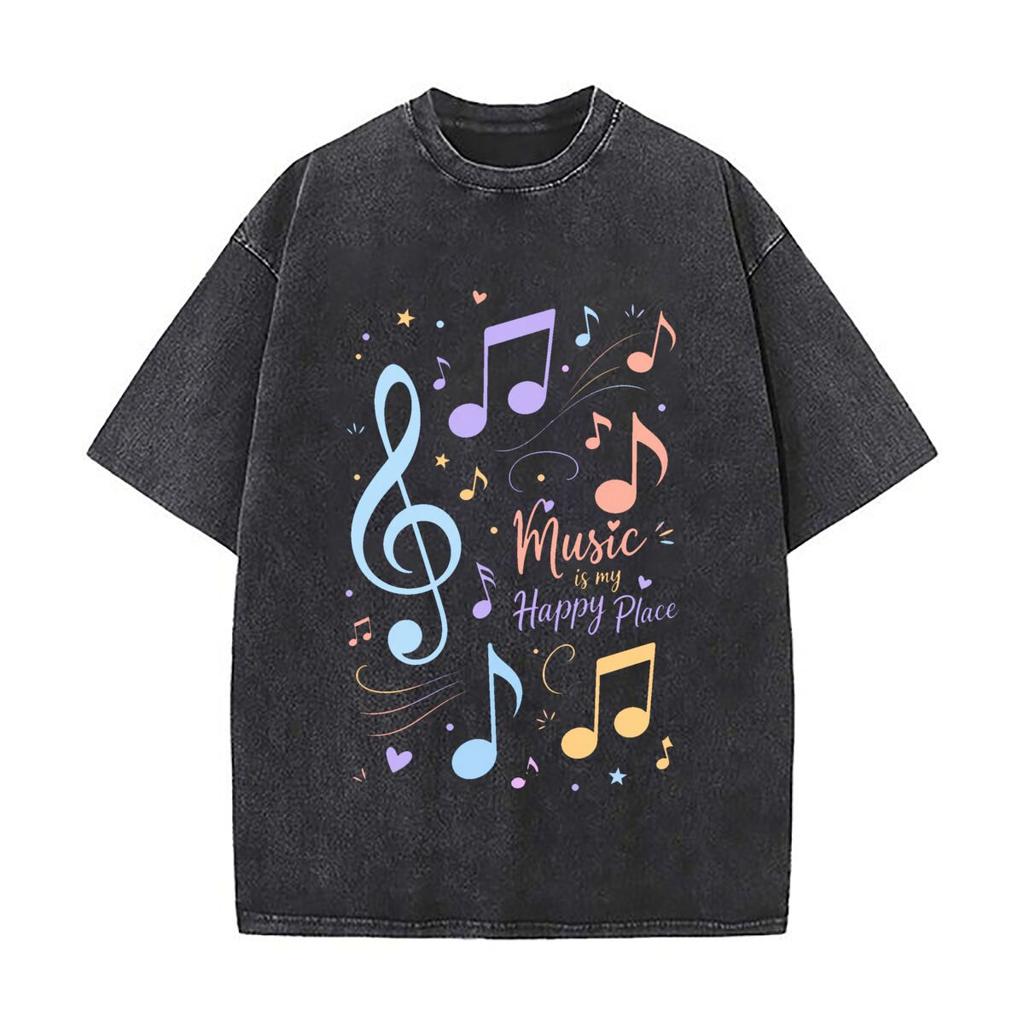Minimal Floating Music Notes Artwork Washed Faded Vintage Short Sleeve Fashion Versatile Daily Tee
