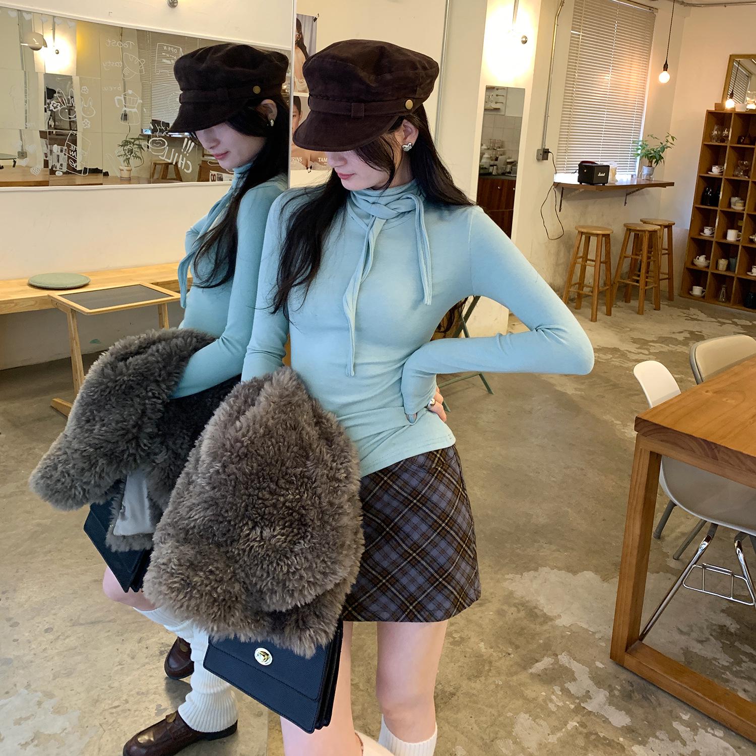 

Korean Style Slimming Long Sleeve Knit T-Shirt with Bow Tie Detail for Women - Elegant Autumn/Winter Base Layer. Small зелёный