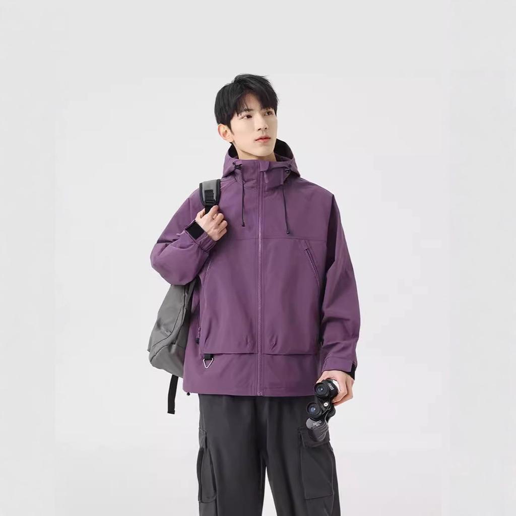 Outdoor Waterproof Hooded Spring Japanese Velcro Badge Couple Work Jacket Men Zipper