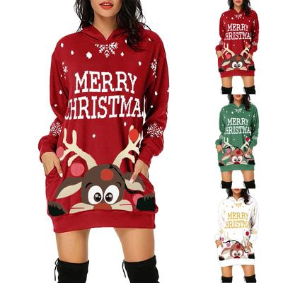 Damen-Sweatshirt mit weihnachtlichem Aufdruck, mittellang, mit Tasche und Kapuze, langärmlig