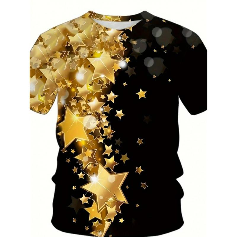 Men's plus-size short-sleeved T-shirt with 3D gold star print and color-blocking design.