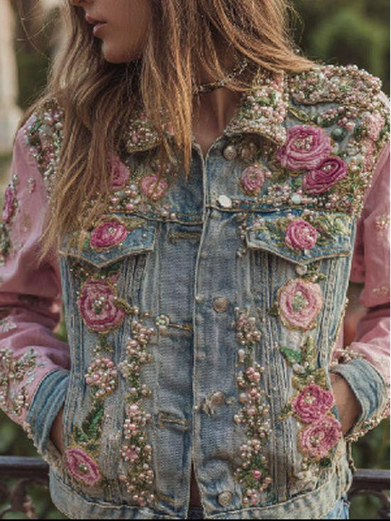 New Trendy 3D Pattern European-American Fashion High Street Denim Jacket with Lapel