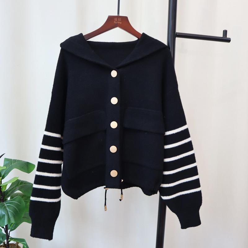 Autumn and winter new hooded sweater jacket loose striped design sense knitted double-sided cardigan women