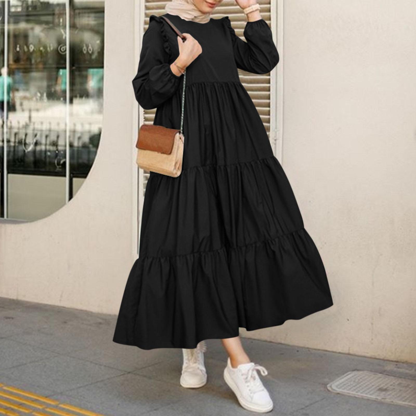 Women s Casual Long Sleeve Round Neck Color Dress Long Dress Robe XXXL