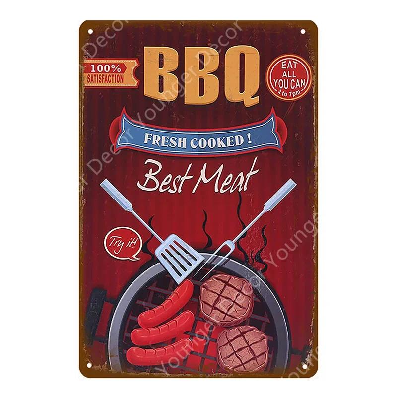 BBQ Steak House Grill Party Vintage Poster Wall Decor For Bar Pub Kitchen Home Plate Barbecue Metal Signs Painting Plaque YJ187