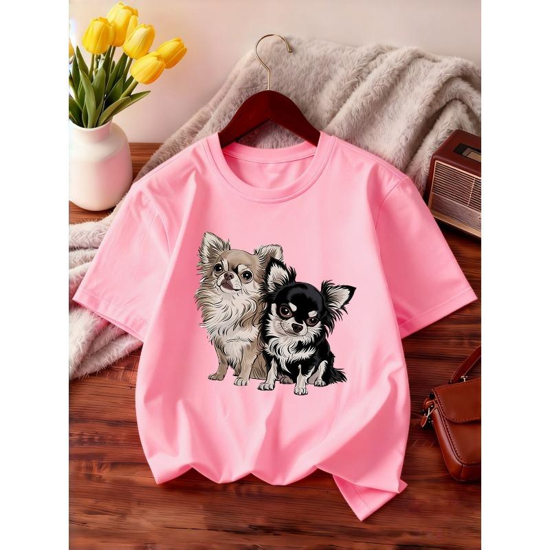 European Sizes Fashion Round Neck Short Sleeve, Suitable for Summer Girls' T-Shirt Print with Chihuahua Black And White Cartoon Pattern