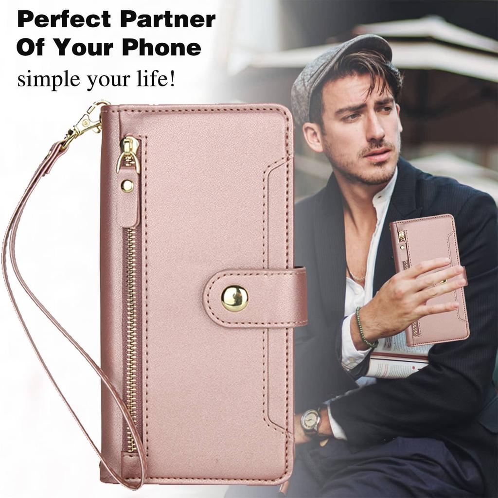 Flip Wallet Case for iPhone 16e/16/15 Pro Max/16 15 Plus, Zipper Pocket Cover with Card Holder Slots, Magnetic Closure, Lanyard