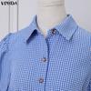 VONDA Summer Women Turn Down Collar Short Sleeve Plaid Back Elastic Casual Ruffled Mini Dress