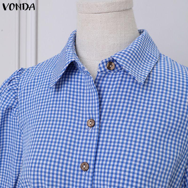 VONDA Summer Women Turn Down Collar Short Sleeve Plaid Back Elastic Casual Ruffled Mini Dress