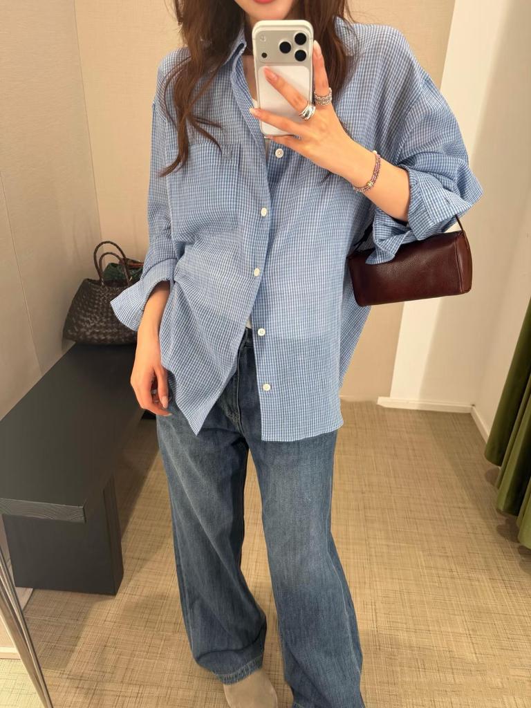 Women's Blue Fine Plaid Long Sleeve Sun Protection Shirt Jacket - Thin, Loose, Casual for Early Spring 2026
