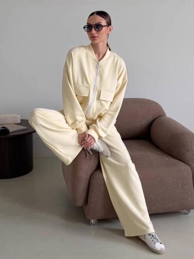 Women's Solid Color Zipper Pocket Sports Jacket & Pants Set - Casual Long Sleeve Two-Piece for Spring/Autumn 2026