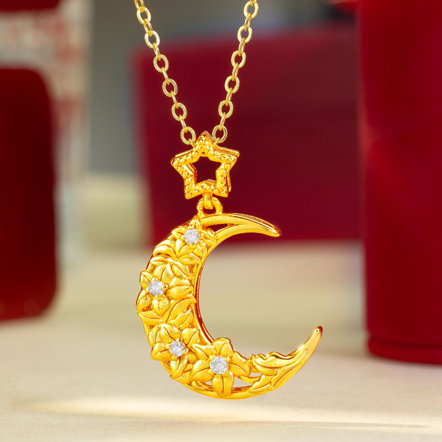 Luxury Pure Gold Real Gold Women s Flower Diamond Star Moon Pendant Necklace золотой