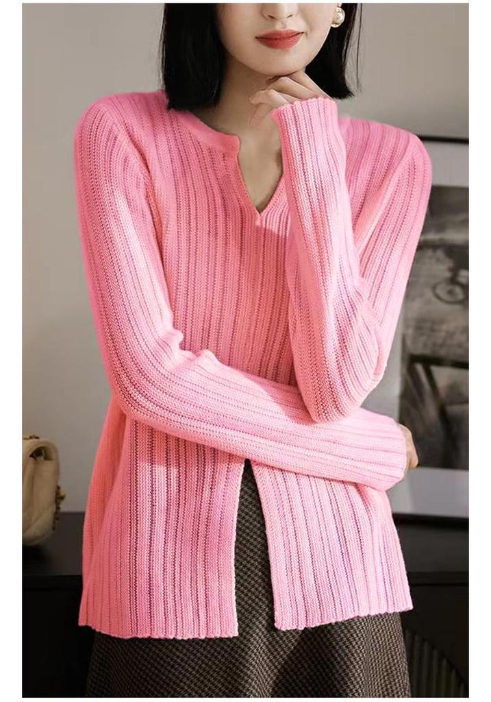 Women's Autumn/Winter Fine Wool Round Neck Hollow Stripe Long Sleeve Knitwear