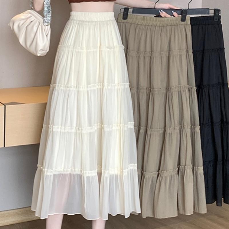 Chiffon Midi Skirt for Women - Spring/Summer Patchwork Ruffle Tiered Cake Skirt with Elastic Waist, Hip-Covering A-Line & Full Flared Design