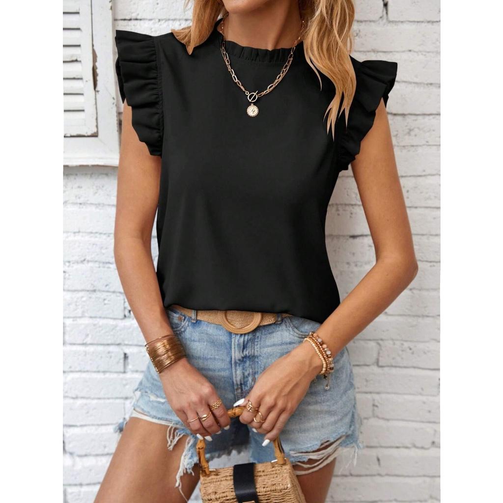 Women's Solid Sweet Crew NeckRuffled Sleeve Tank Top Summer European American Ladies Vest