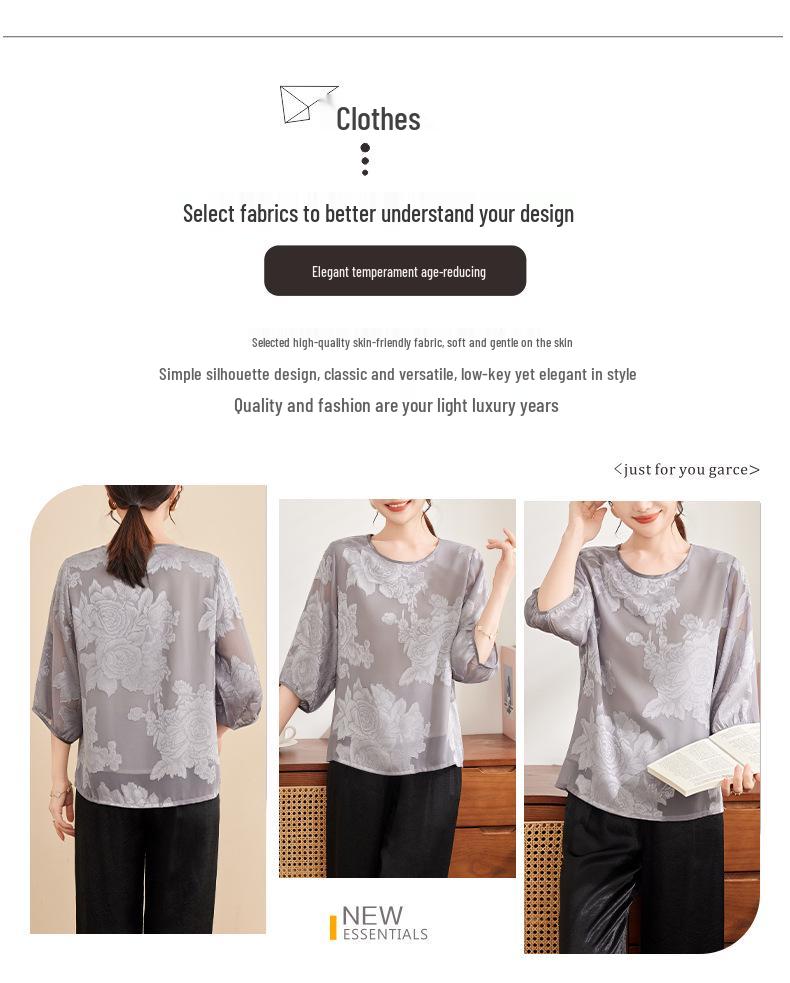 Stylish Round Neck Chiffon Pullover for Moms - Breathable Seven-Sleeve Summer Top for Middle-Aged & Elderly Women