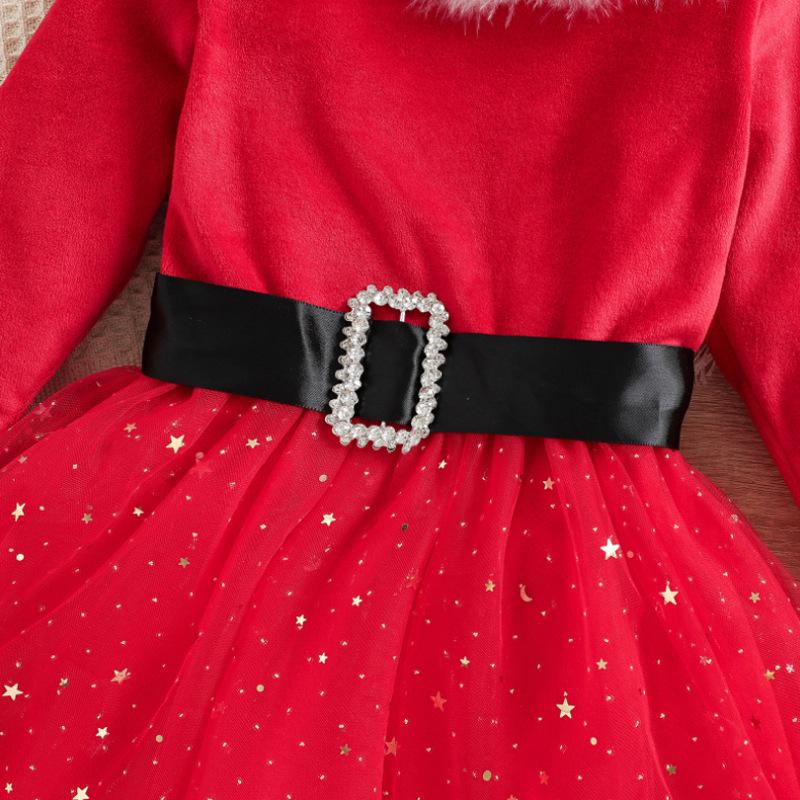 European & American Christmas Princess Dress - Santa Costume Gown Set for Girls with Waistband & Headpiece.