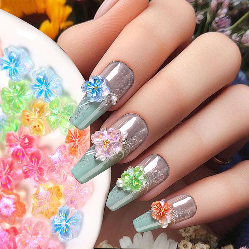50Pcs 3D Flowers For Nails Charms Ice Translucent Gradient Blossom Manicure Art Flower Luminous Decoration For Nails Design