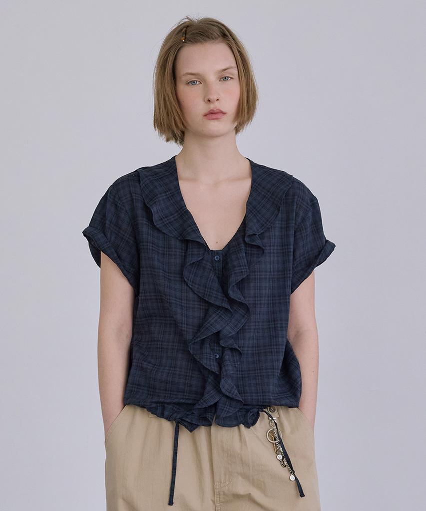 AFTERHOURS Ruffle Half Sleeve Blouse (Navy-Check)