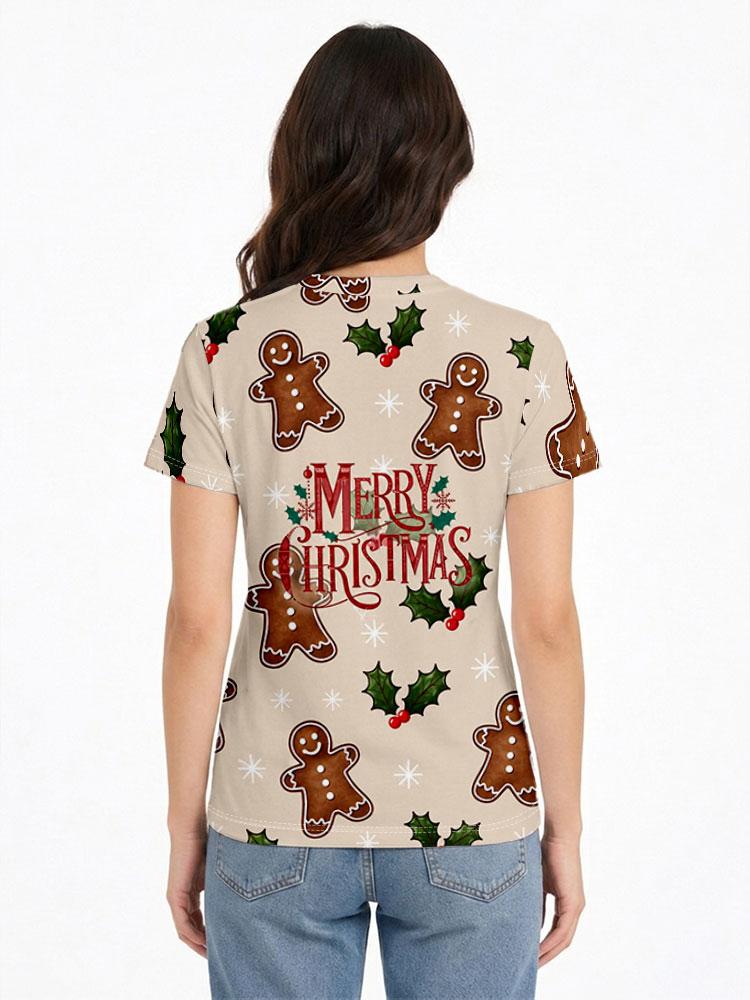 Women's O-Neck Short Sleeve T-Shirt, Polyester Casual Tee with 2D Christmas Gingerbread Man Print k-008