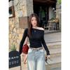 New white slanted shoulder long-sleeved top, women's huge beautiful T-shirt inside, slim-fitting bottoming shirt, early autumn temperament