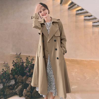 Women's Double Breasted Long Trench Coat Belted Notch Lapel Overcoat Fall Winter Windproof Classic Outerwear
