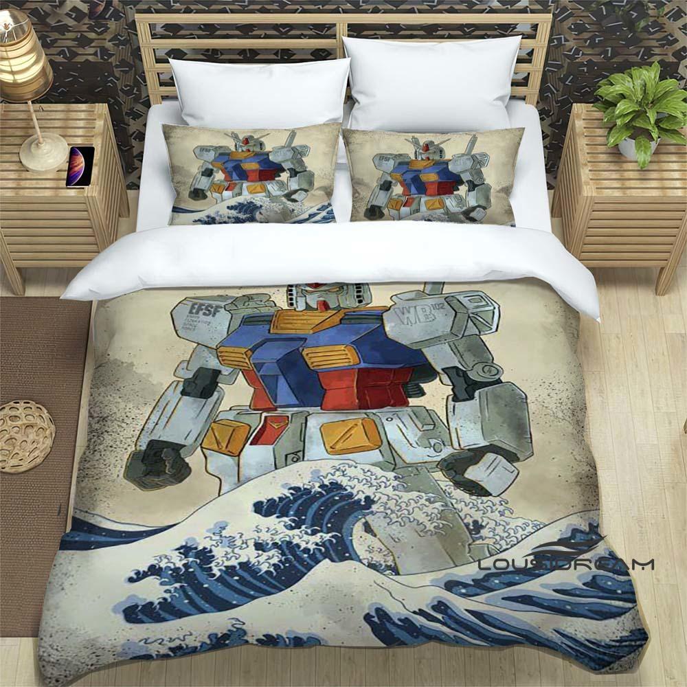 3D Printed Cartoon Gundam 3-Piece Bedding Set: Duvet cover set suitable for adult boys and girls bedroom décor, children's gift,