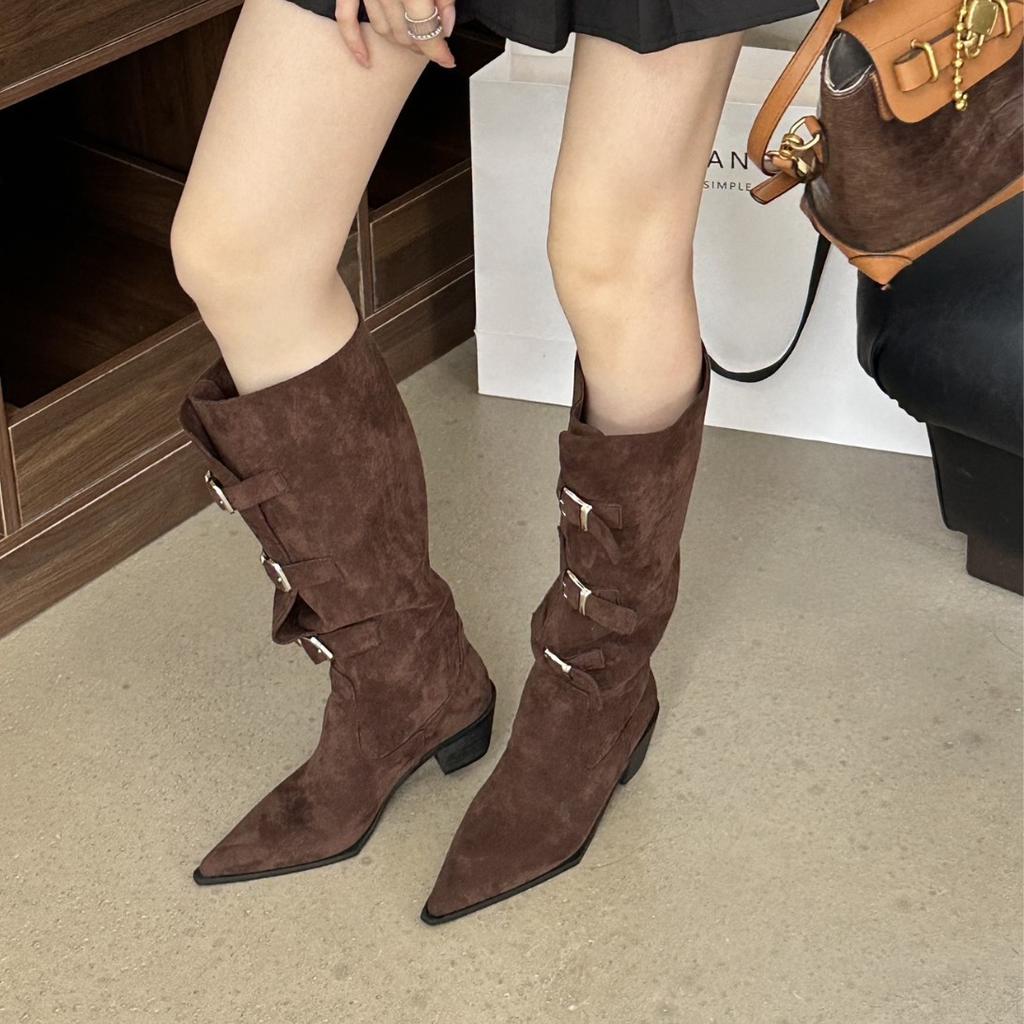 2025 autumn and winter retro belt buckle knight boots European and American fashion boots pointed thick high heel boots high boots women