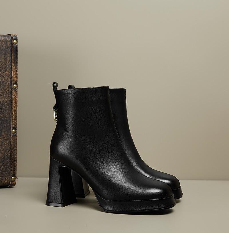 Square Toe Chunky High Heel Women's Boots - Genuine Leather Platform Ankle Boots for Spring & Autumn