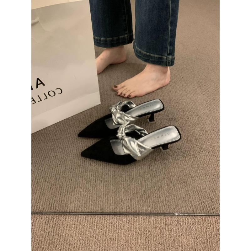 New Style Woman Designer Mesh Open Heel Sandals Shoes Print Pointed End Women High-heel Pumps Sexy Stiletto Lady Mules