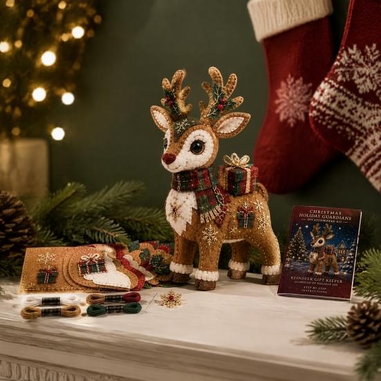 Layered Fabric Sewing Patterns Christmas Animals Patchwork Kit for Adults Beginners, DIY Holiday Textile Art Kits Craft Set Home Decoration, Handmade