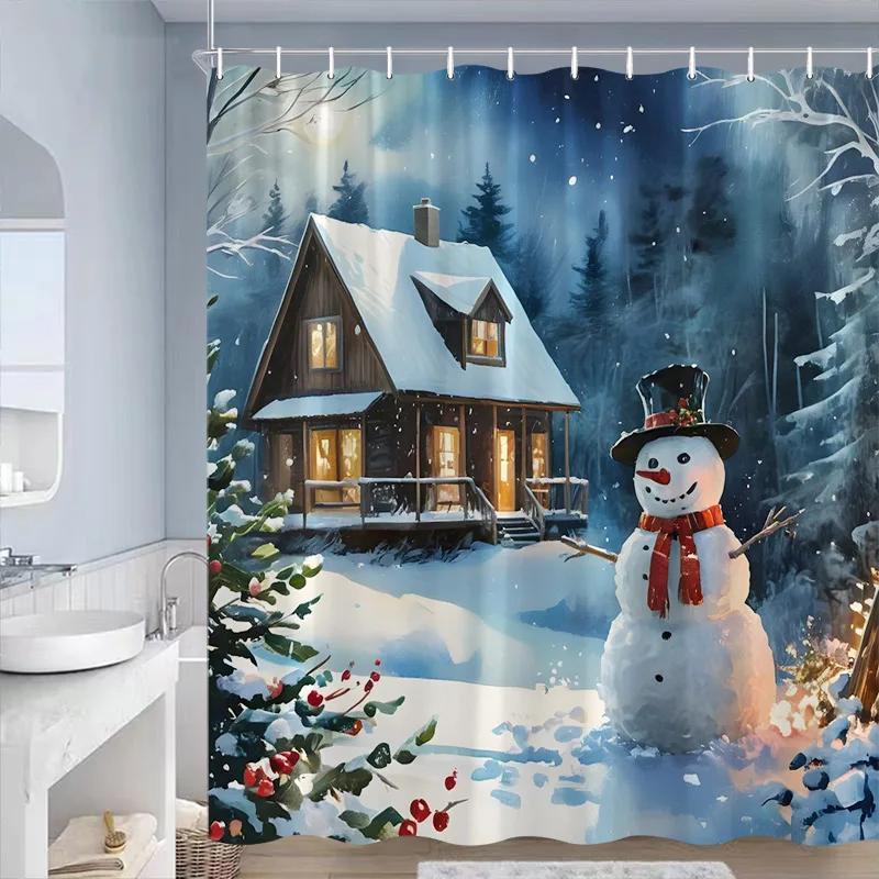 Cute Blue Snowman Christmas Shower Curtains Xmas Gift Winter Forest Cedar Nature Scenery Home Bathroom Decor Bath Curtain Set
