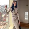 Autumn Winter Korean Style Temperament Dress Ladies Slim Waist Lace-Up Knitted Mid-Length Sweater Dress Vestidos
