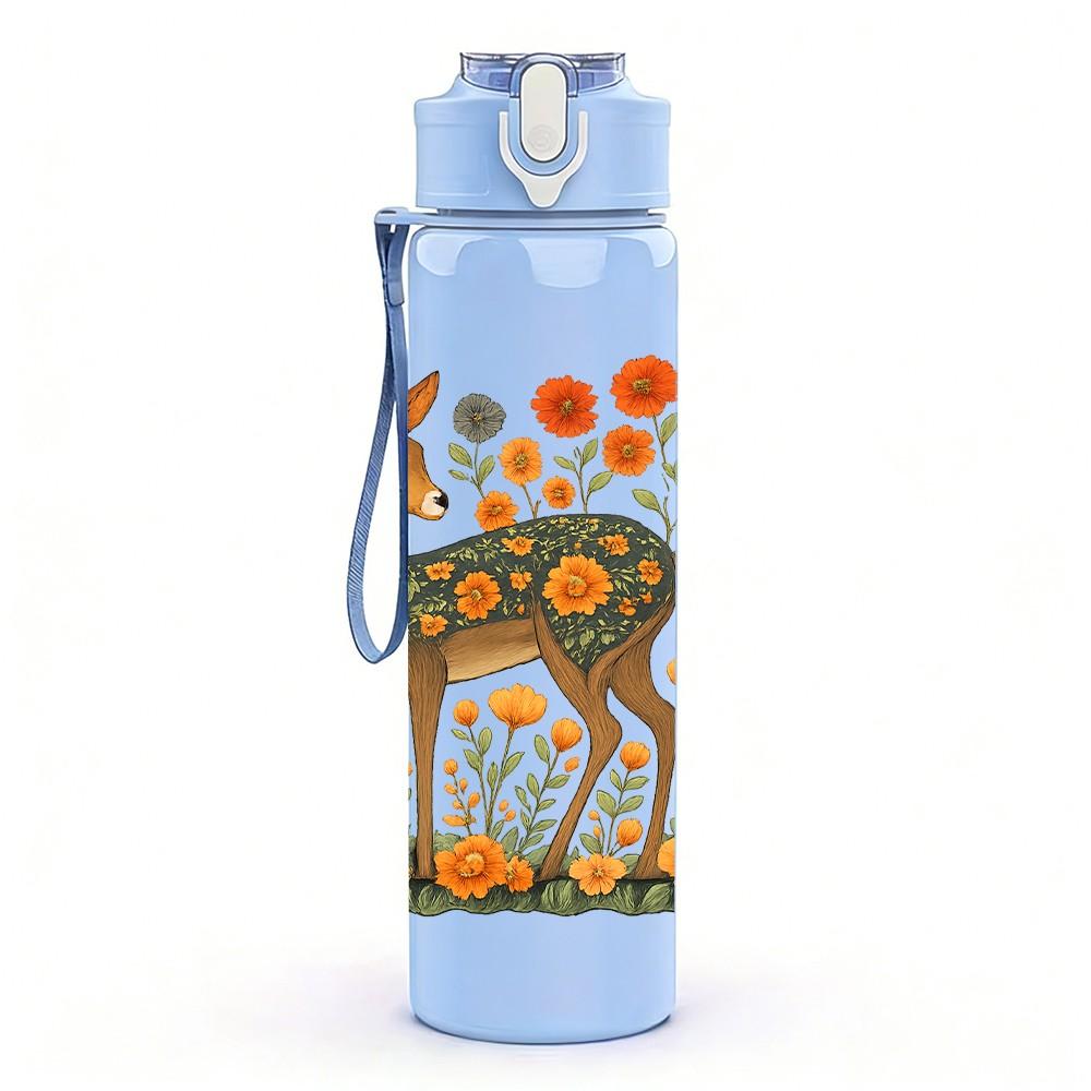 1PC Floral Deer Illustration 750ml Color Plastic Sports Water Bottle Leakproof Flip Straw Lid Suitable for Sports Office Home Use