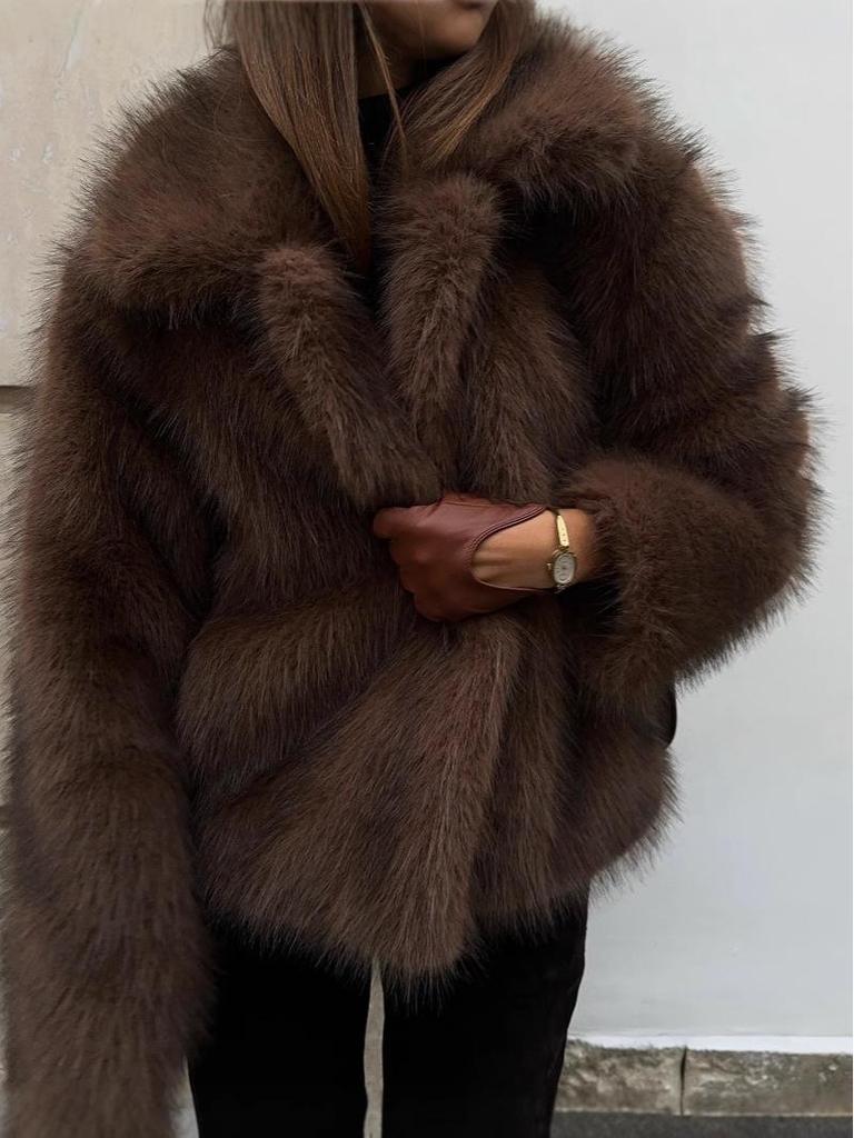 Women's Faux Fur Short Coat with Turn-Down Collar - Casual Versatile Street Style