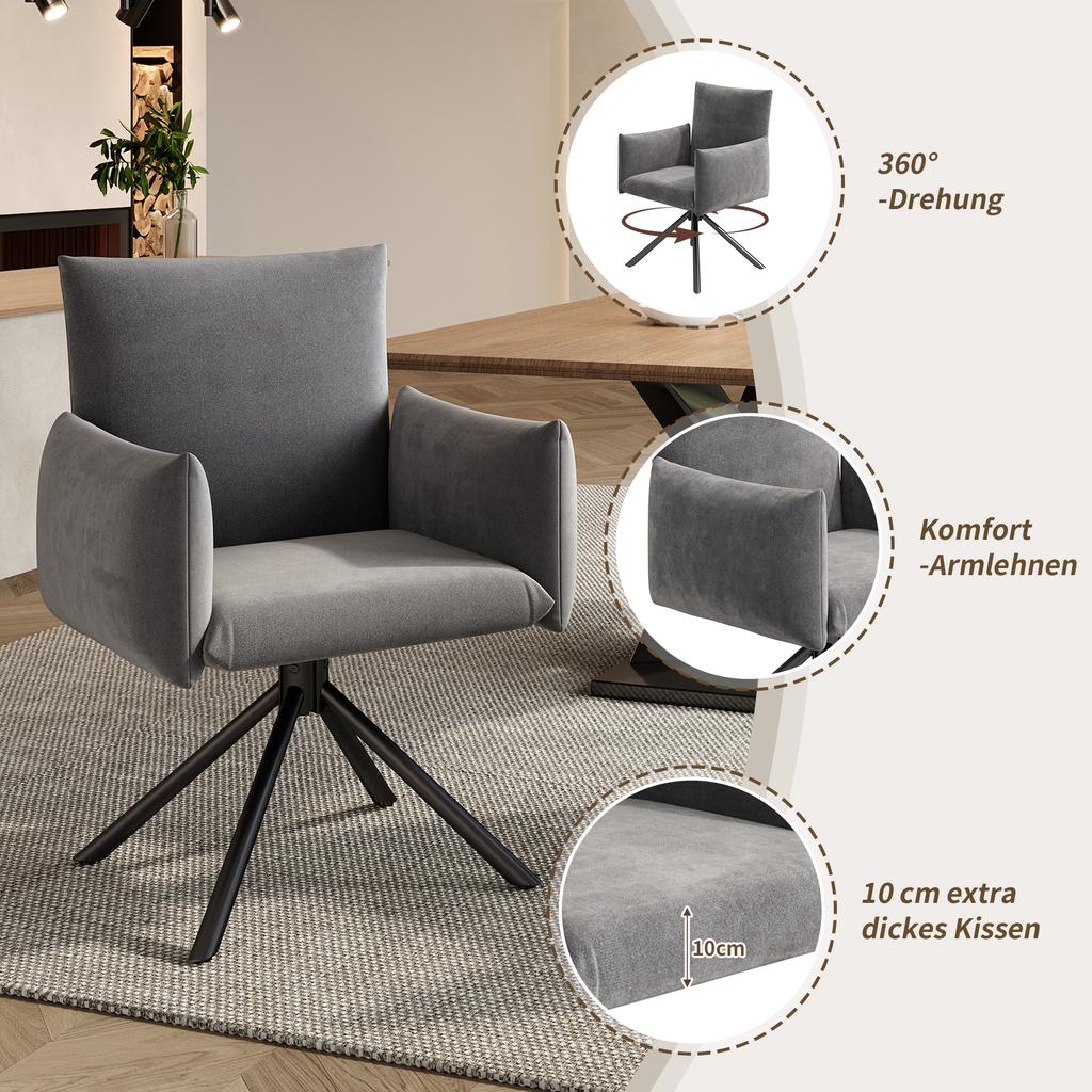 Set of Two Dining Chairs, Upholstered Armchair with 4 Metal Legs, 360 degrees Casual Swivel Chair, Work and Desk Chair, Lumbar Support, Velvet, Grey