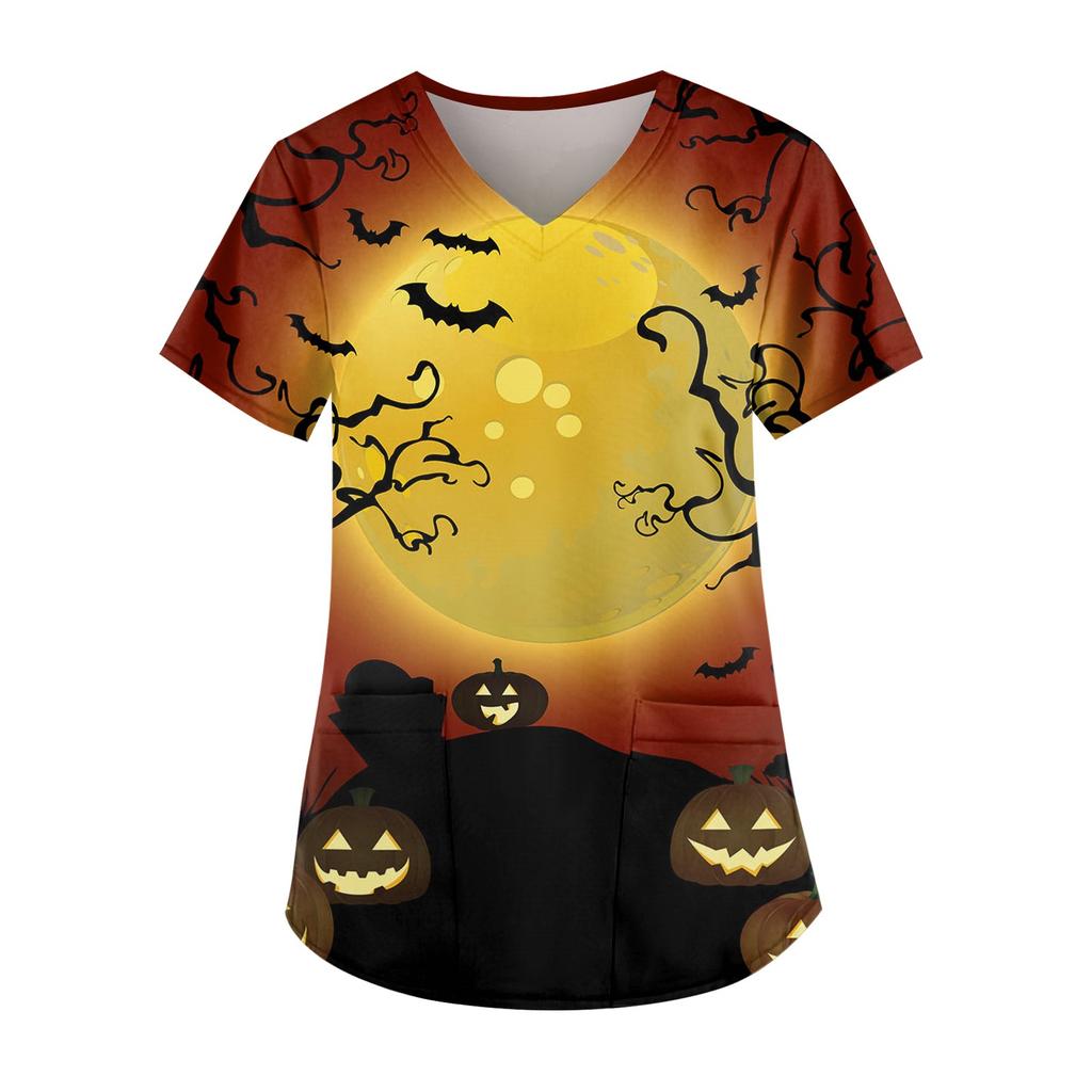 Women's Fashion V-Neck Short Sleeve With Pocket Halloween Printed T-Shirt Top