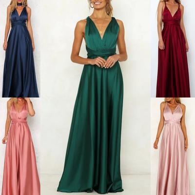 Deep V-neck Sleeveless Sexy Backless High Waist Big Hem Satin Dress for Women
