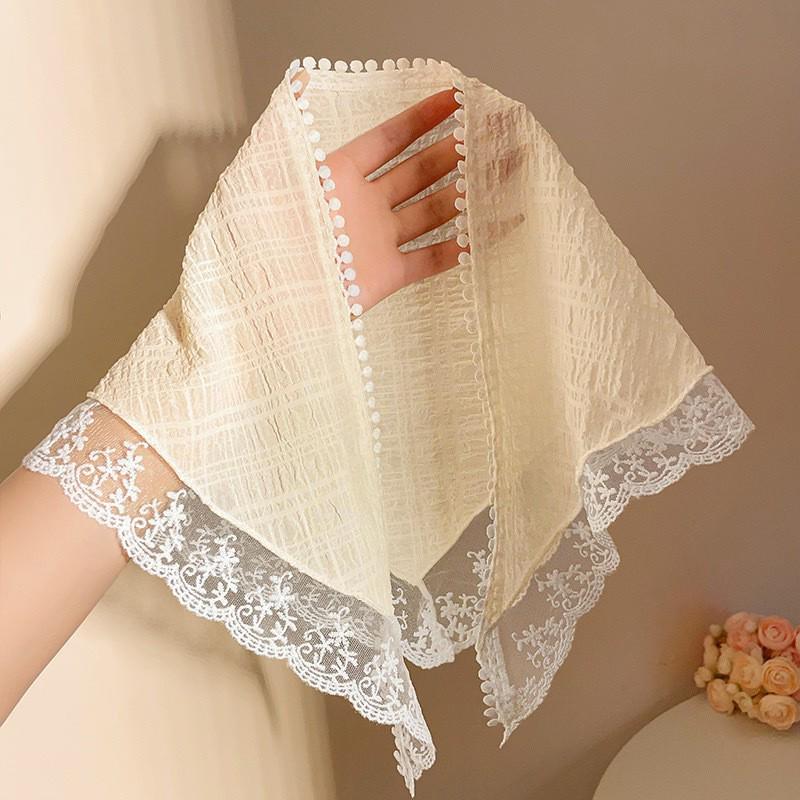 2025 Pastoral Style Lace Triangle Scarf & Plaid Ribbon Hairband