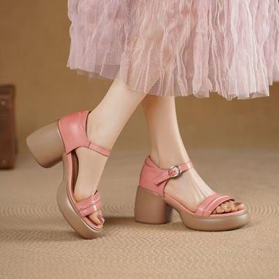 Fashion Open Toe Platform Block Heel Sandals Women Soft Leather 2025 New Summer Platform Versatile High Heeled Romans