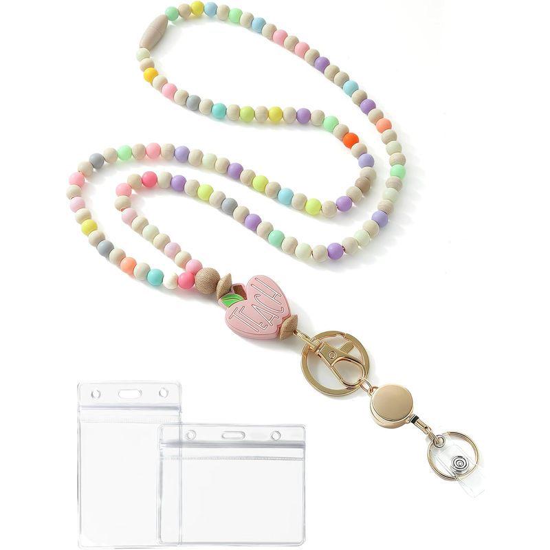 Wooden Beaded Retractable Keyring & ID Card Lanyard