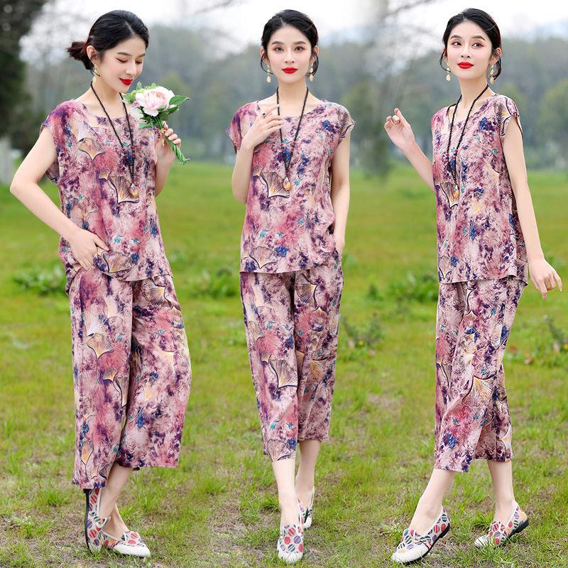 Cotton Silk Two Piece Set Womens Summer Outfit Loose Short Sleeve T-shirt and Pants Casual Trendy Plus Size