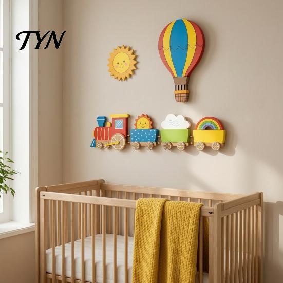 Non Damaging Wall Decor 4Pcs Cartoon Train Hot Air Balloon 3D Wooden Decor, Colorful Kids Lightweight Wood Signs Room Hanging, Nursery Educational