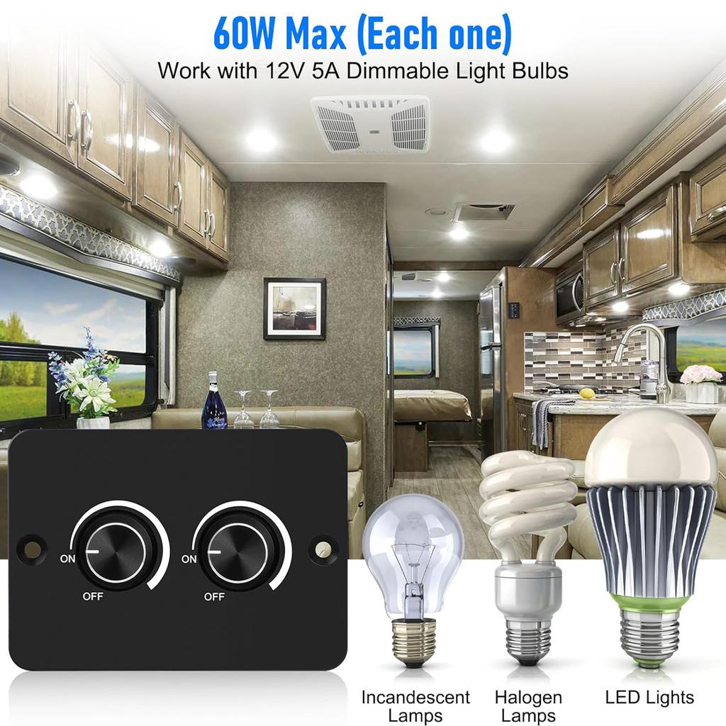Dual Rotary 12V LED Dimmer Switch 60W PWM Control with Silent Operation Plastic LED Dimmer Tool For Car Van Lighting