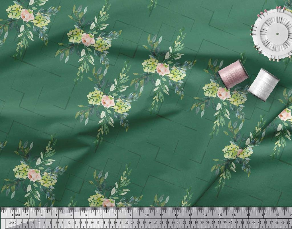 Soimoi Brown Poly Crepe Fabric Square & Leaves Printed Craft Fabric by the Metre 42 Inch