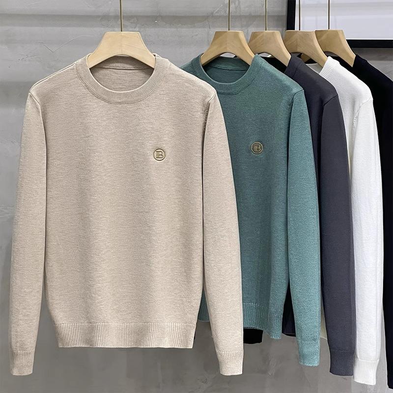 Men's Korean Style Slim Fit Round Neck Thick Knit Sweater - Warm Long Sleeve Base Layer for Spring and Autumn